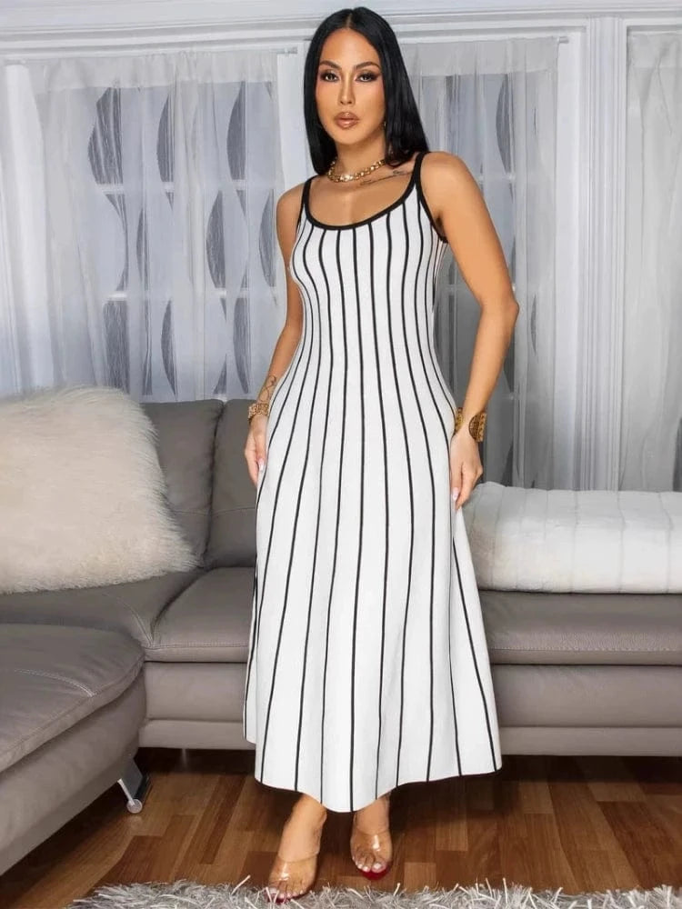 Summer Striped Printed A-line Maxi Dress for Woman Sleeveless Camisole V-neck Casual Club Party Long Dresses Sundress Vacation