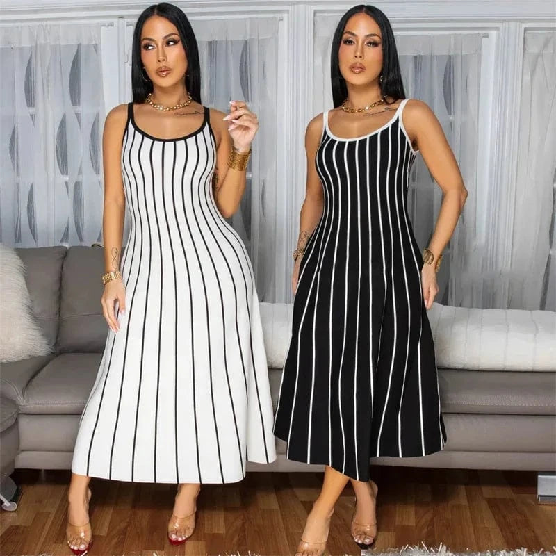 Summer Striped Printed A-line Maxi Dress for Woman Sleeveless Camisole V-neck Casual Club Party Long Dresses Sundress Vacation