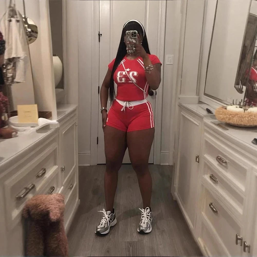 Summer Two 2 Piece Set Women Outfits Colorblock Letter Print Crop Top and Drawstring Shorts Suit Female New Streetwear Tracksuit