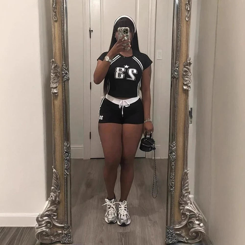 Summer Two 2 Piece Set Women Outfits Colorblock Letter Print Crop Top and Drawstring Shorts Suit Female New Streetwear Tracksuit
