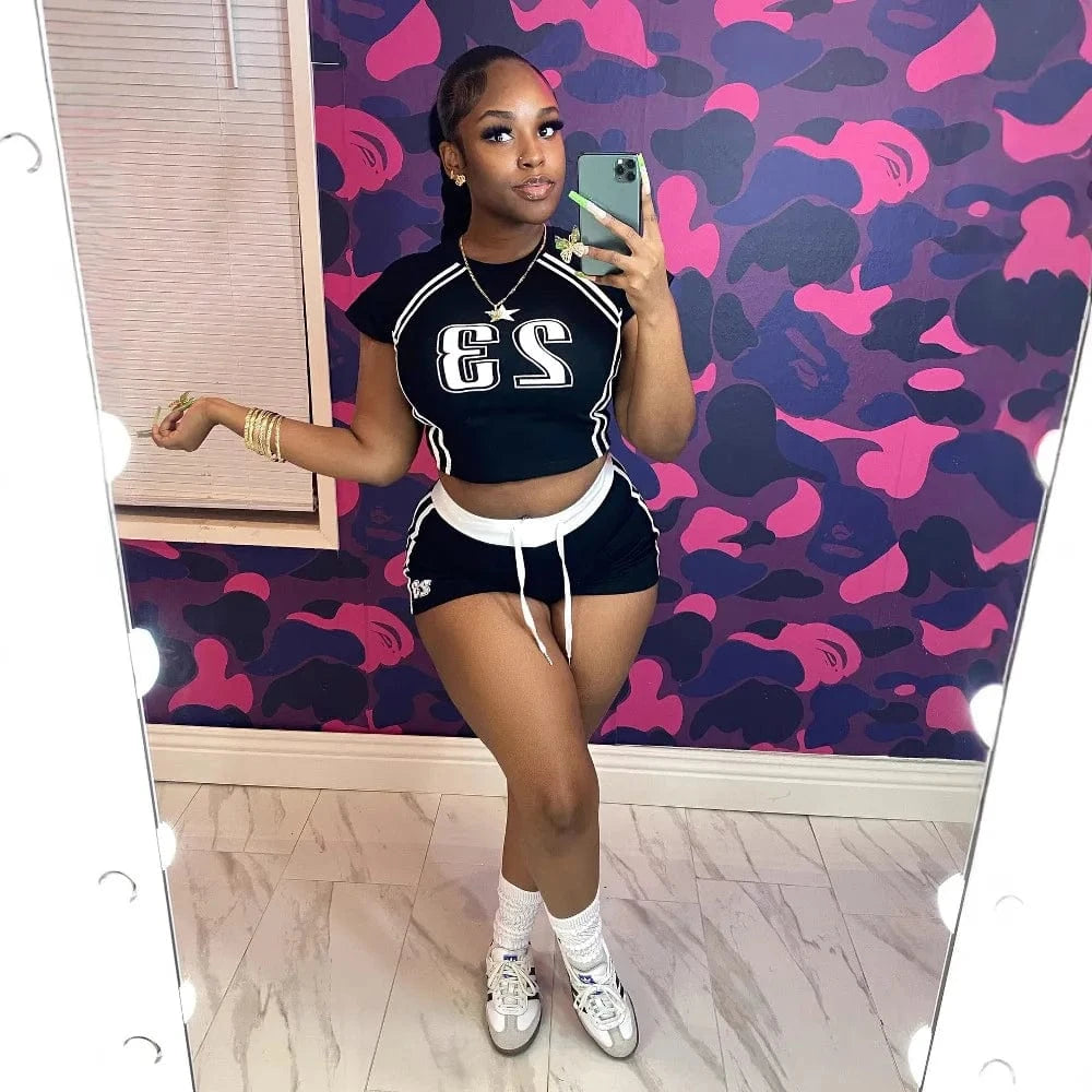 Summer Two 2 Piece Set Women Outfits Colorblock Letter Print Crop Top and Drawstring Shorts Suit Female New Streetwear Tracksuit
