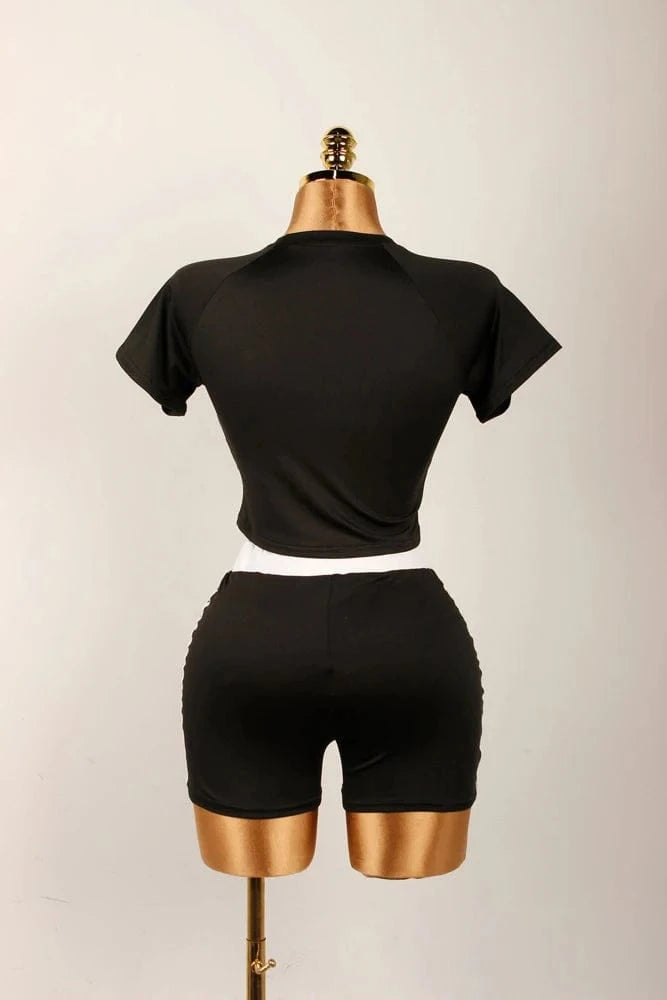 Summer Two 2 Piece Set Women Outfits Colorblock Letter Print Crop Top and Drawstring Shorts Suit Female New Streetwear Tracksuit
