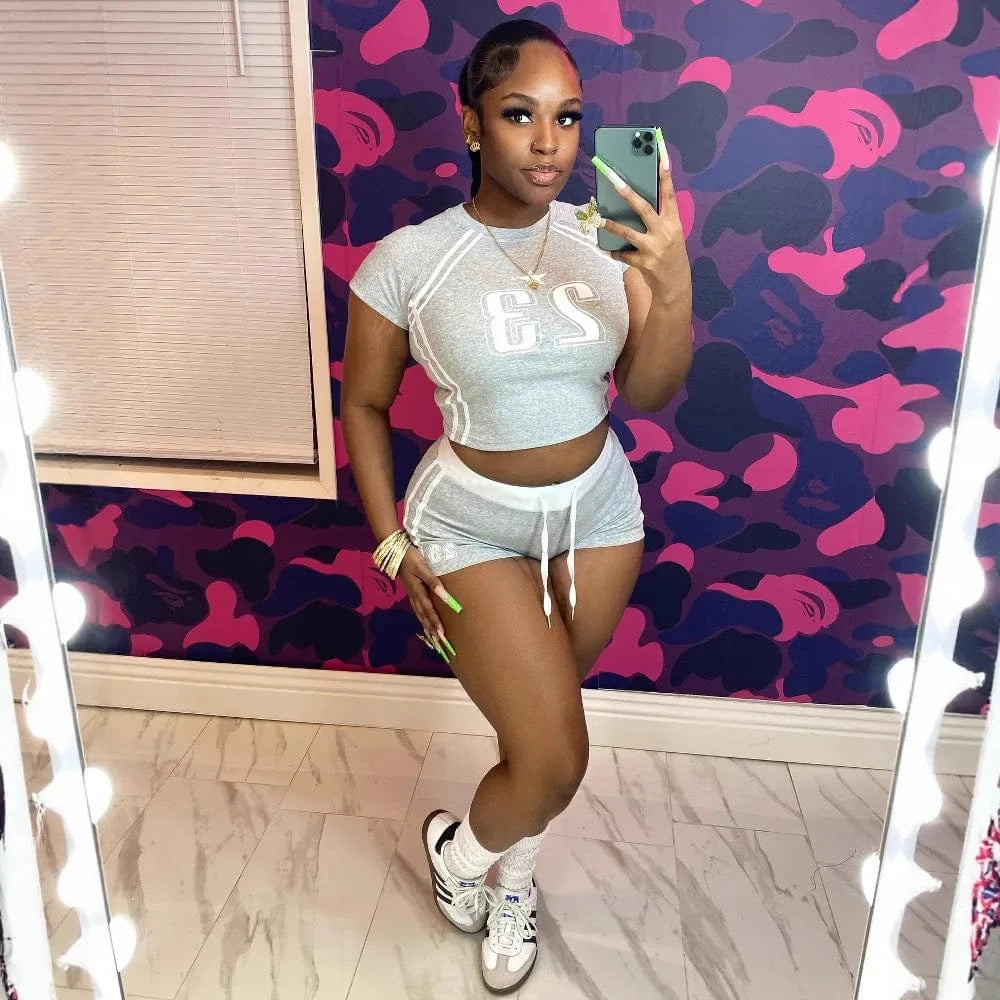 Summer Two 2 Piece Set Women Outfits Colorblock Letter Print Crop Top and Drawstring Shorts Suit Female New Streetwear Tracksuit