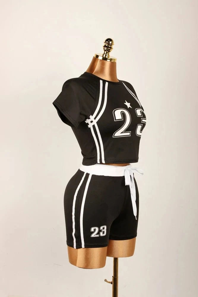Summer Two 2 Piece Set Women Outfits Colorblock Letter Print Crop Top and Drawstring Shorts Suit Female New Streetwear Tracksuit