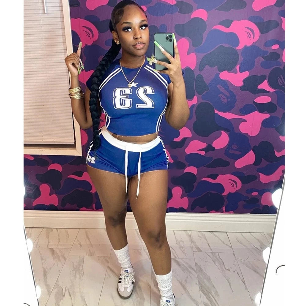Summer Two 2 Piece Set Women Outfits Colorblock Letter Print Crop Top and Drawstring Shorts Suit Female New Streetwear Tracksuit