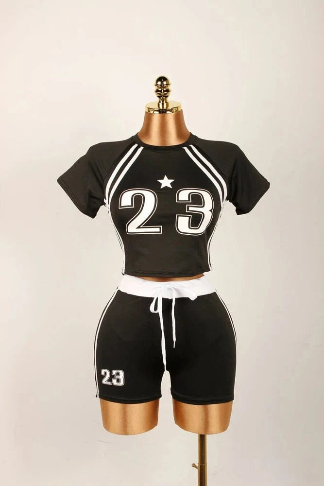 Summer Two 2 Piece Set Women Outfits Colorblock Letter Print Crop Top and Drawstring Shorts Suit Female New Streetwear Tracksuit
