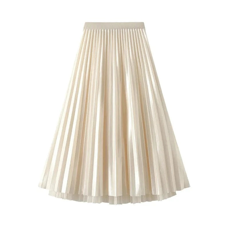 Summer Vintage Bow Pleated Mesh Midi Skirt for Womans Elastic High Waist Big Hem Pleated Long Skirts Women Beading Chic Faldas