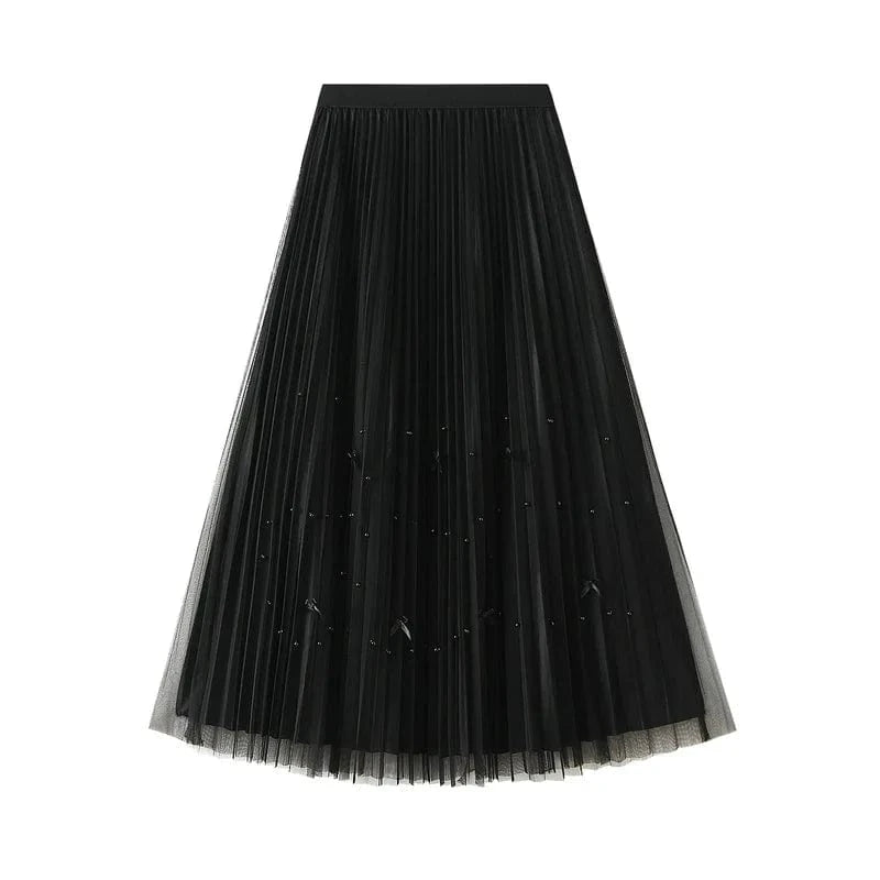 Summer Vintage Bow Pleated Mesh Midi Skirt for Womans Elastic High Waist Big Hem Pleated Long Skirts Women Beading Chic Faldas