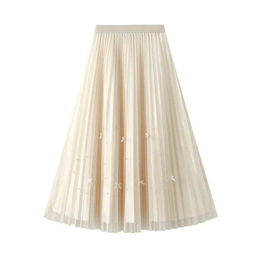 Summer Vintage Bow Pleated Mesh Midi Skirt for Womans Elastic High Waist Big Hem Pleated Long Skirts Women Beading Chic Faldas