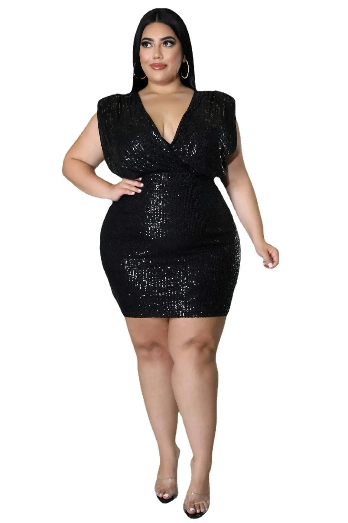 Summer Wear Plus Size Sequins Dress for XL-5XL Women Clothing Solid Sexy V-neck Plus Size Women Dress