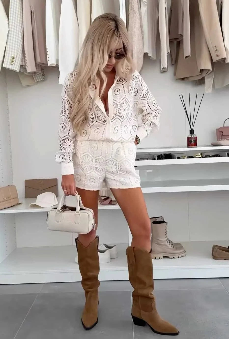 Summer White Lace Shirt Shorts Sets Women Spring Summer Long Sleeve Button Top Shorts 2 Piece Set Elegant Party Outfits Femme