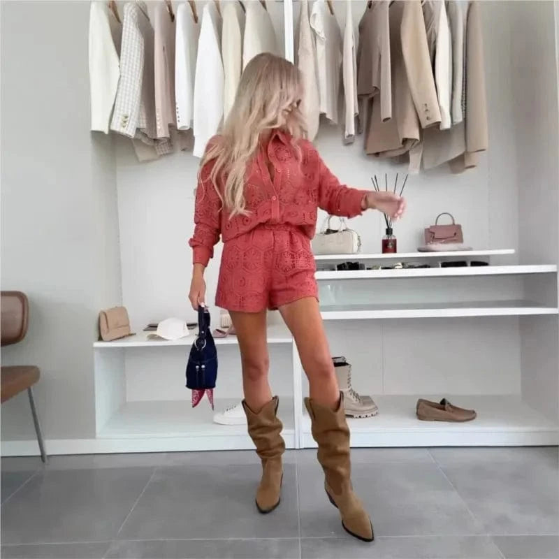 Summer White Lace Shirt Shorts Sets Women Spring Summer Long Sleeve Button Top Shorts 2 Piece Set Elegant Party Outfits Femme