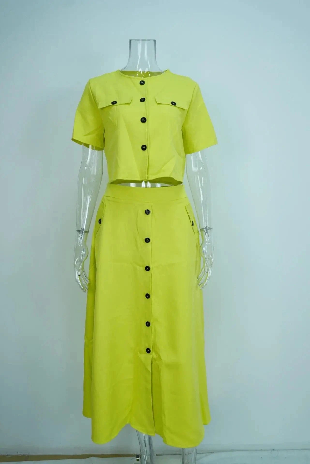 Summer Women Clothing Ladies Casual O Neck Short Sleeve Shirt Crop Top High Waist Button Half Skirt Two Piece Women's Sets