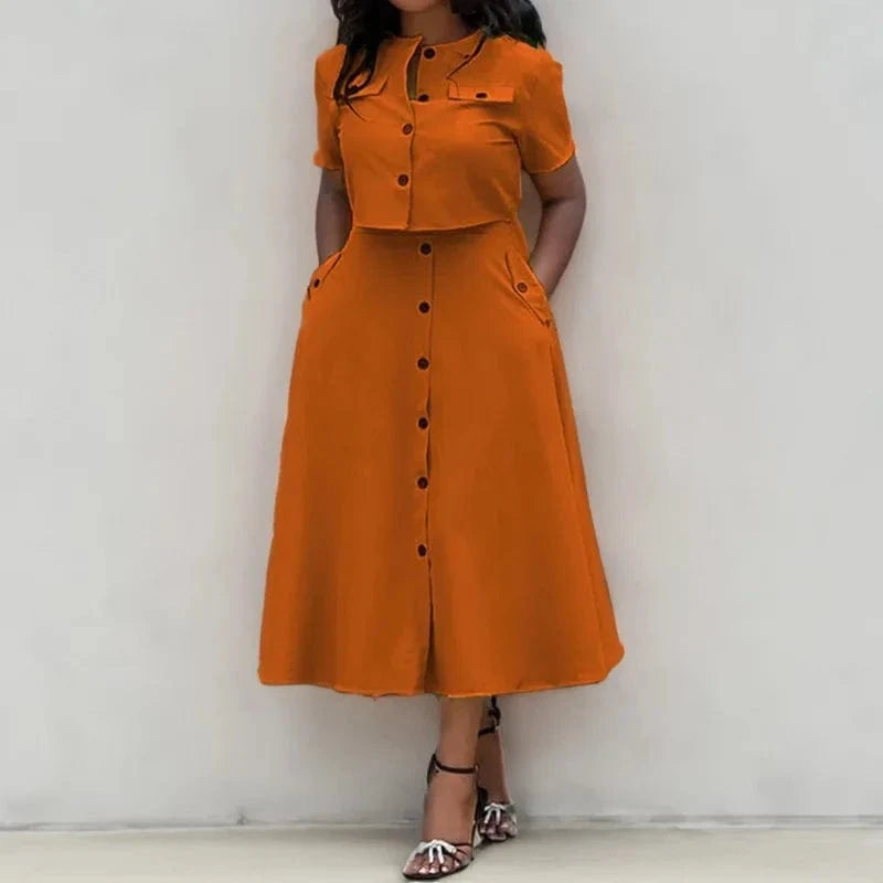 Summer Women Clothing Ladies Casual O Neck Short Sleeve Shirt Crop Top High Waist Button Half Skirt Two Piece Women's Sets