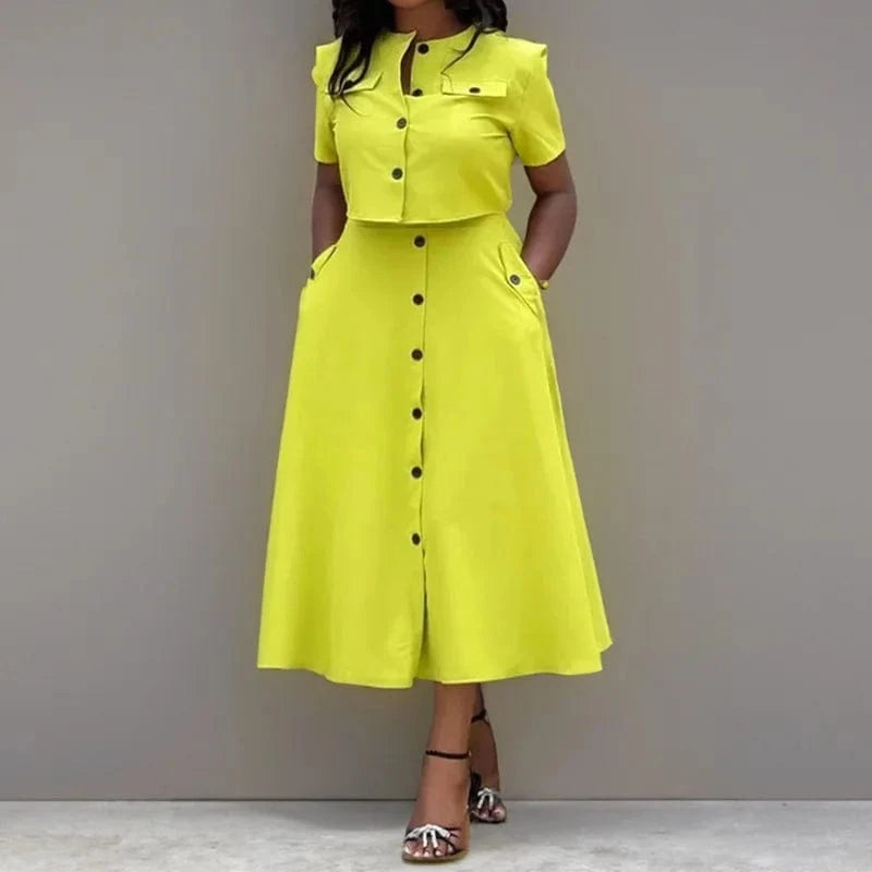 Summer Women Clothing Ladies Casual O Neck Short Sleeve Shirt Crop Top High Waist Button Half Skirt Two Piece Women's Sets