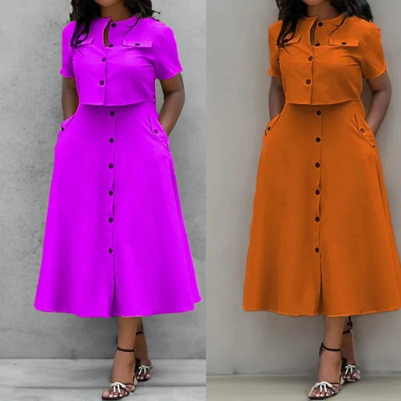 Summer Women Clothing Ladies Casual O Neck Short Sleeve Shirt Crop Top High Waist Button Half Skirt Two Piece Women's Sets