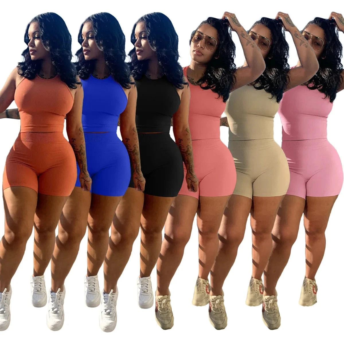 Summer Women custom logo solid color women fashion sexy pit strip two piece set sports fitness 2 piece set casual for women