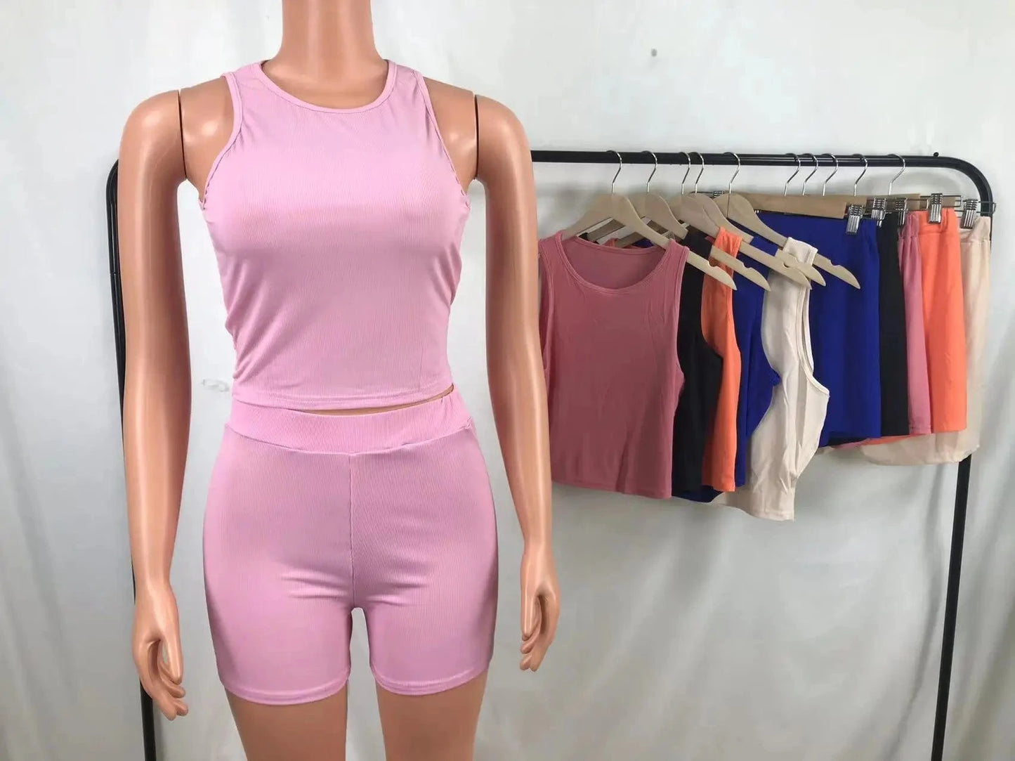 Summer Women custom logo solid color women fashion sexy pit strip two piece set sports fitness 2 piece set casual for women