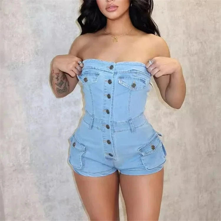 Summer Women Jeans Jumpsuit Off Shoulder 2024 Casual Elastic Denim Rompers Shorts Women