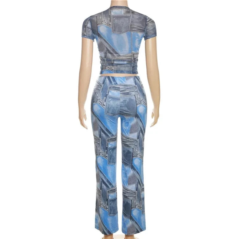 Summer Women's Clothing New Fashion Denim Printing Slim-fit Short-sleeved Pullover 2 Piece Pants Suit