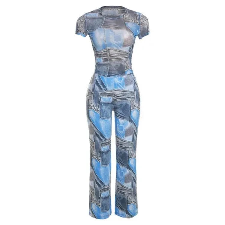Summer Women's Clothing New Fashion Denim Printing Slim-fit Short-sleeved Pullover 2 Piece Pants Suit
