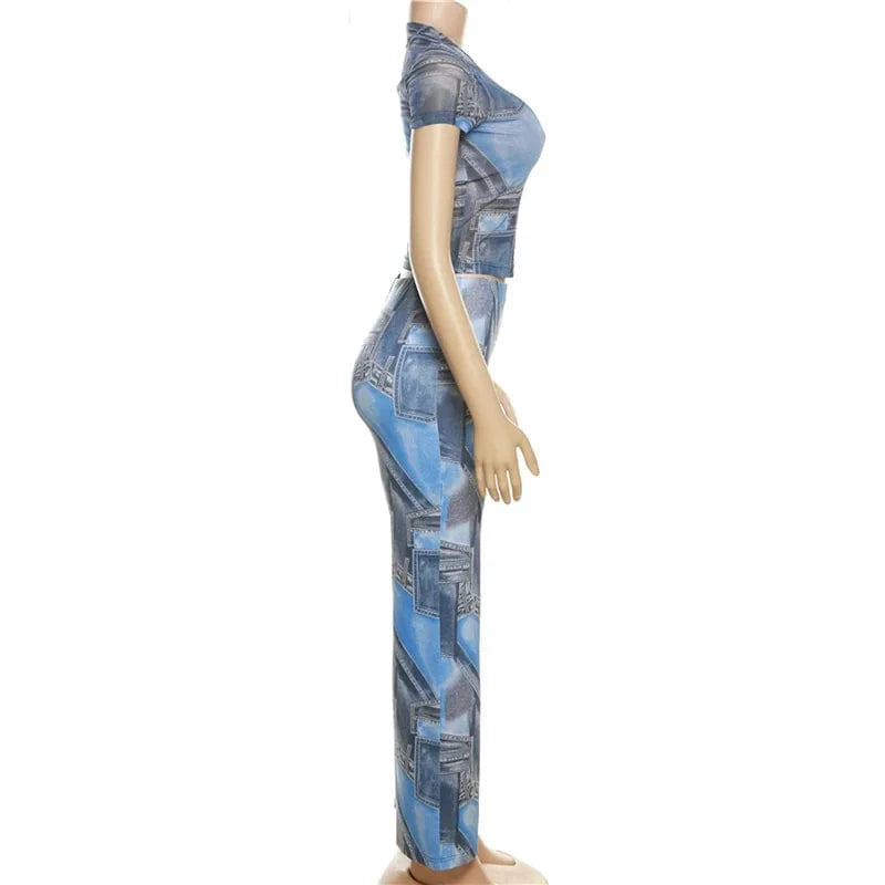 Summer Women's Clothing New Fashion Denim Printing Slim-fit Short-sleeved Pullover 2 Piece Pants Suit