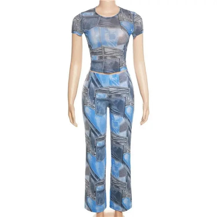 Summer Women's Clothing New Fashion Denim Printing Slim-fit Short-sleeved Pullover 2 Piece Pants Suit