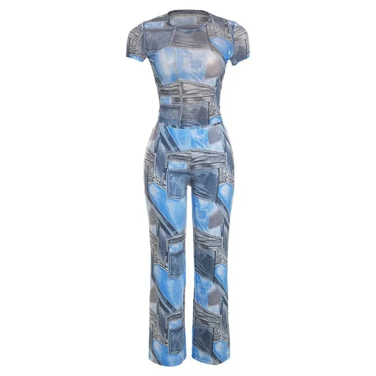 Summer Women's Clothing New Fashion Denim Printing Slim-fit Short-sleeved Pullover 2 Piece Pants Suit