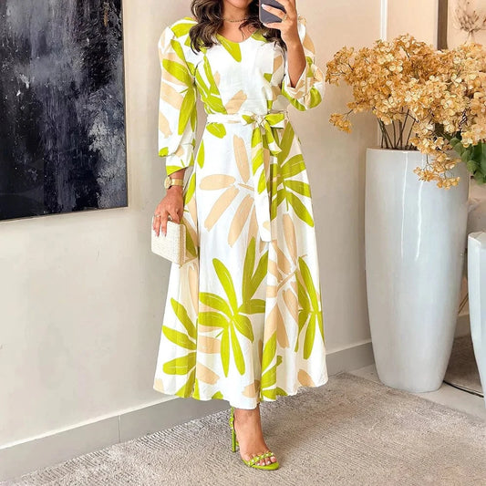 Summer  Women's Printed Maxi Dress New Long Sleeve Waist Tie Sun Dresses Fashion Loose Women's Casual Dress 2024