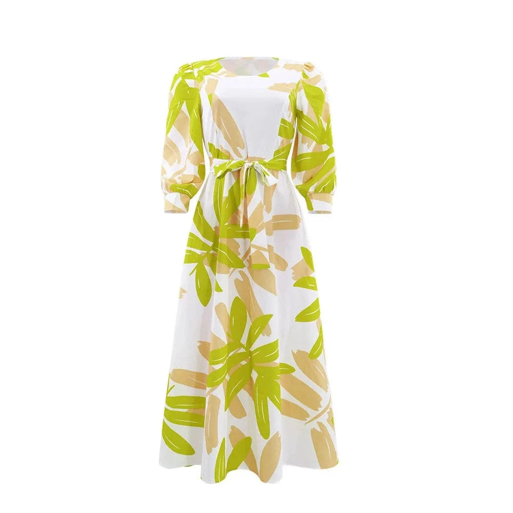 Summer Women's Printed Maxi Dress New Long Sleeve Waist Tie Sun Dresses Fashion Loose Women's Casual Dress 2024