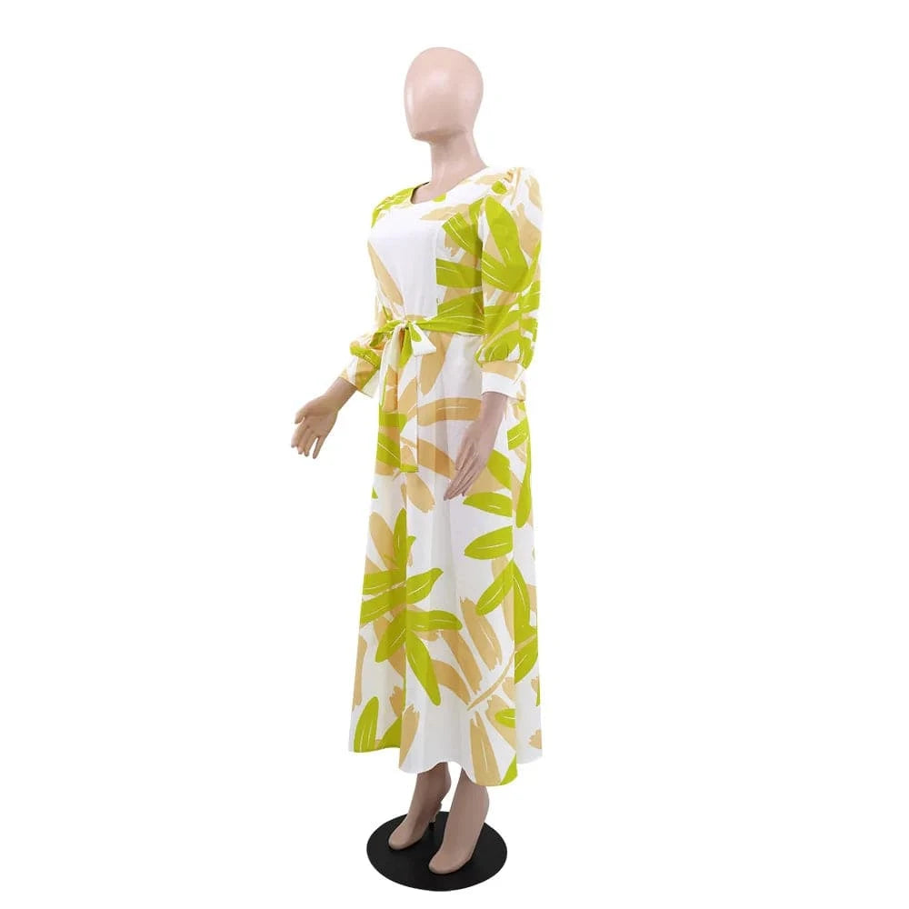 Summer Women's Printed Maxi Dress New Long Sleeve Waist Tie Sun Dresses Fashion Loose Women's Casual Dress 2024