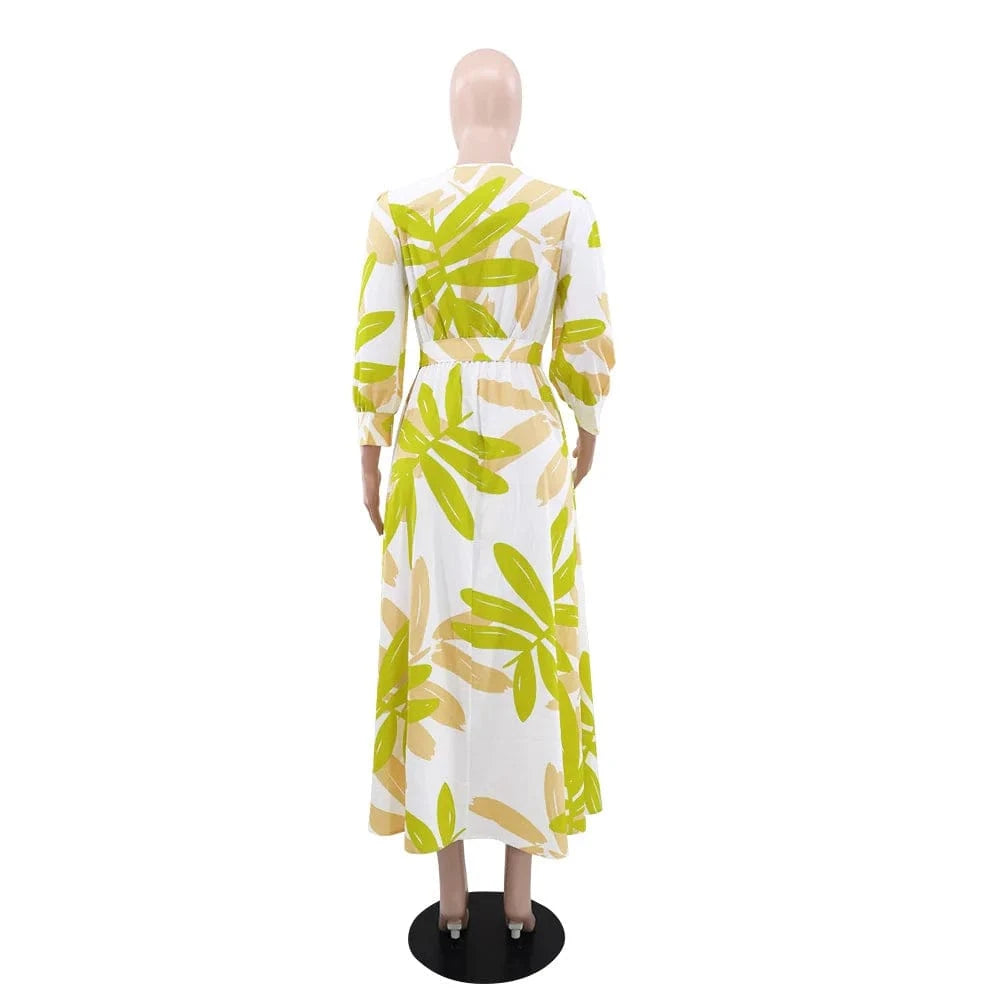 Summer Women's Printed Maxi Dress New Long Sleeve Waist Tie Sun Dresses Fashion Loose Women's Casual Dress 2024