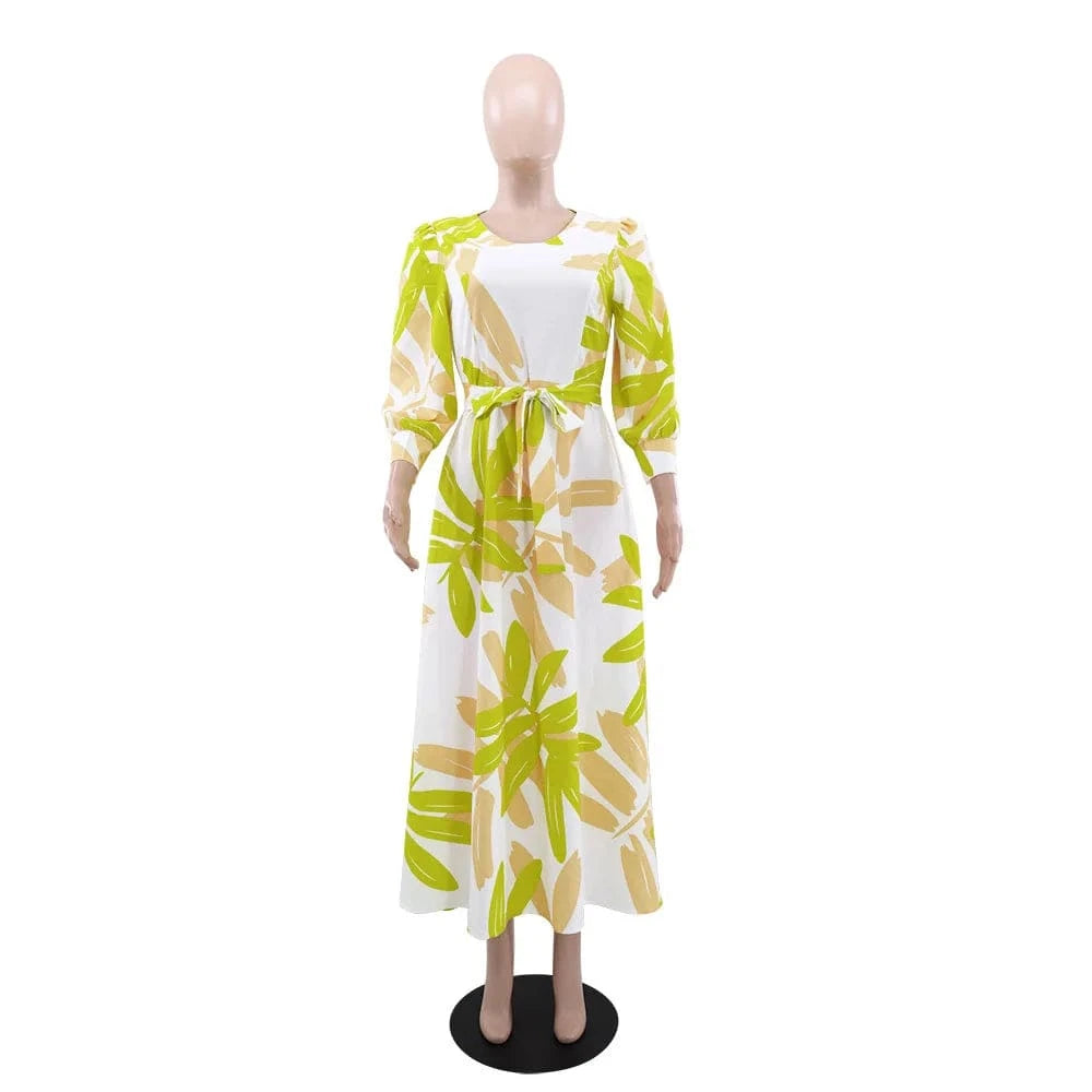 Summer Women's Printed Maxi Dress New Long Sleeve Waist Tie Sun Dresses Fashion Loose Women's Casual Dress 2024
