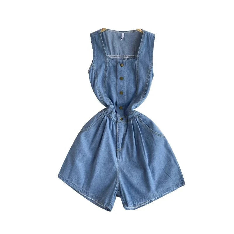 Summer Women's Retro Fashion Casual Denim Tank Top Wide Leg Pants Shorts Jumpsuit