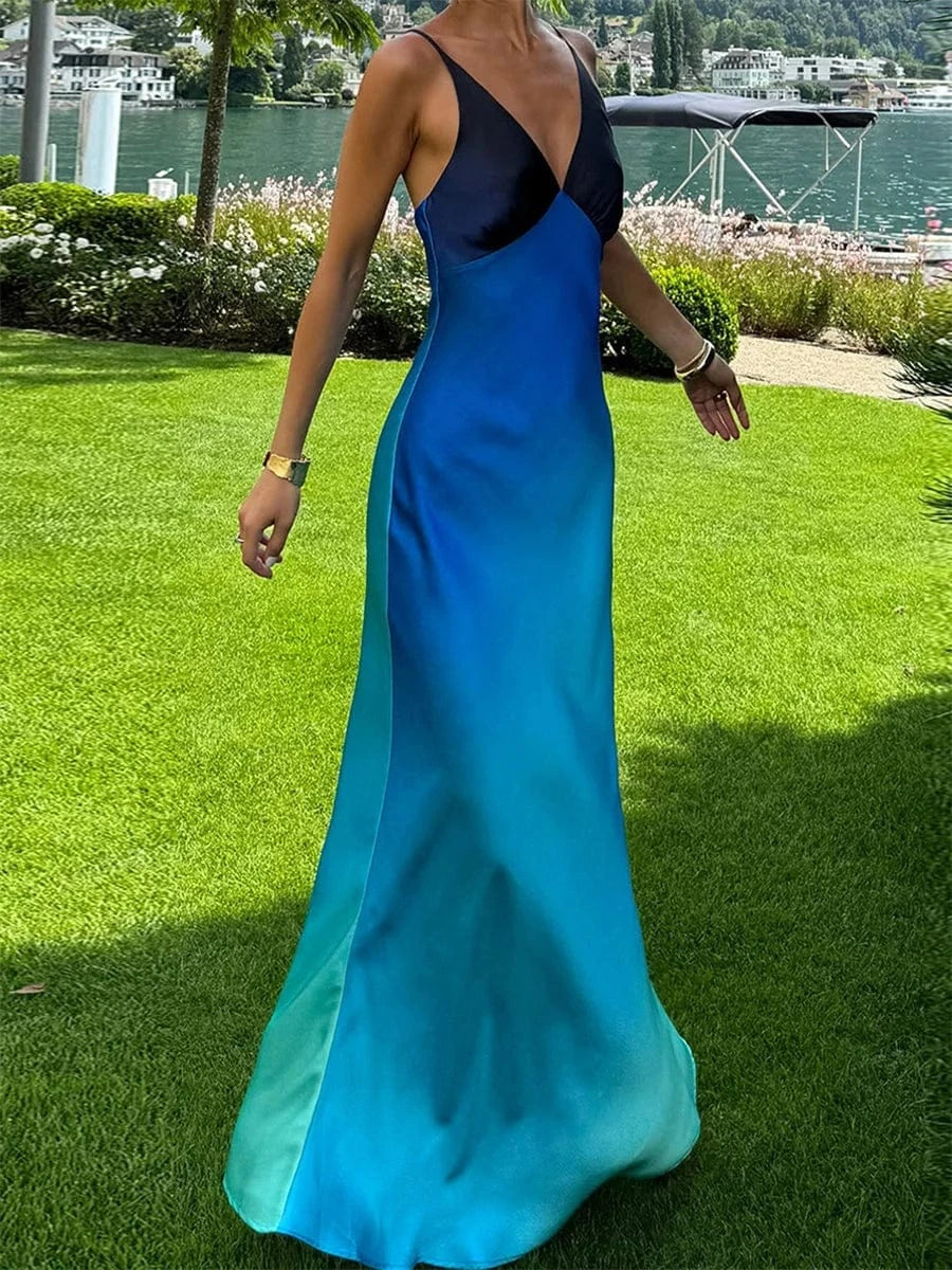 Summer Women's Slim Elegant Party Dress Ladies Fashion Gradient Color Sleeveless Spaghetti Strap V-Neck Backless Long Dress