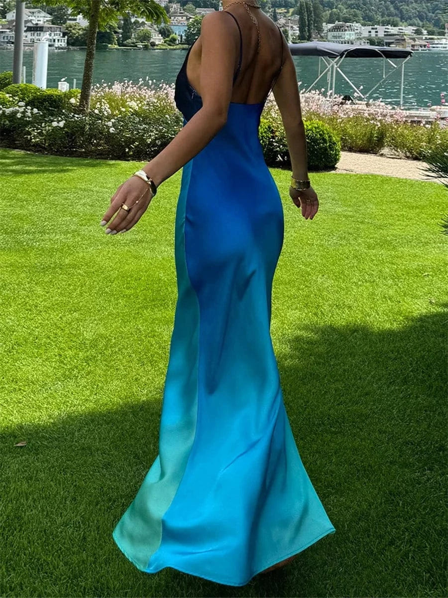 Summer Women's Slim Elegant Party Dress Ladies Fashion Gradient Color Sleeveless Spaghetti Strap V-Neck Backless Long Dress