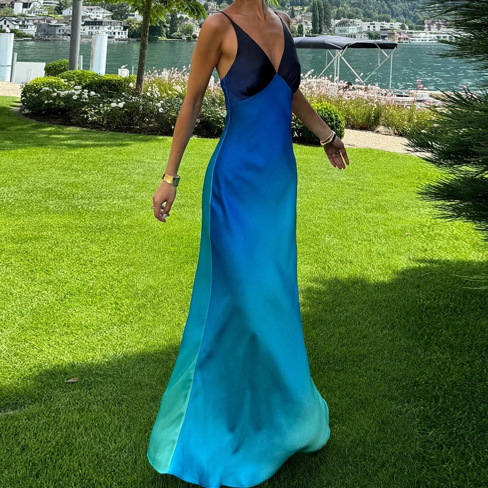 Summer Women's Slim Elegant Party Dress Ladies Fashion Gradient Color Sleeveless Spaghetti Strap V-Neck Backless Long Dress