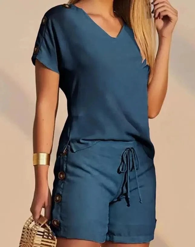 Summer Women's Suit Two Piece Set Fashion Buttoned V-Neck T-shirt & Casual Drawstring Shorts Set Female Clothing Outfits New
