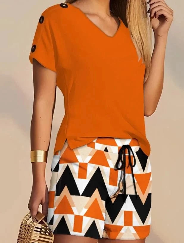 Summer Women's Suit Two Piece Set Fashion Buttoned V-Neck T-shirt & Casual Drawstring Shorts Set Female Clothing Outfits New
