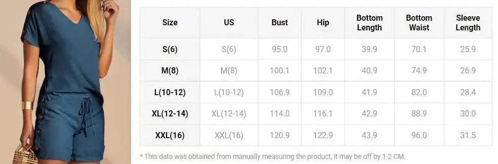 Summer Women's Suit Two Piece Set Fashion Buttoned V-Neck T-shirt & Casual Drawstring Shorts Set Female Clothing Outfits New