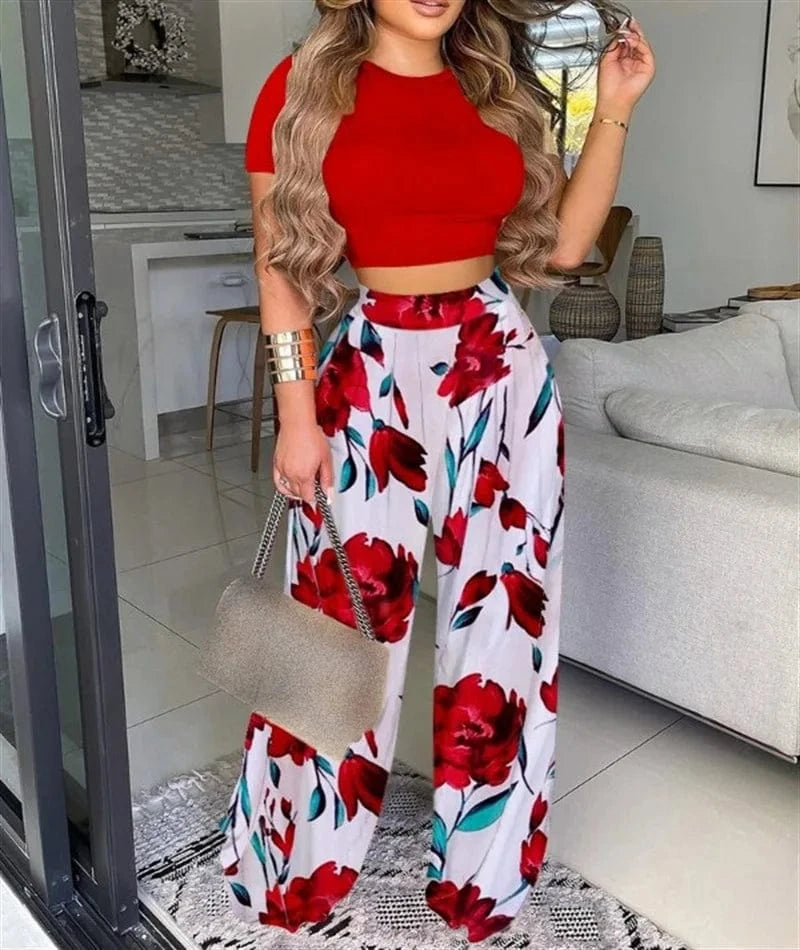 Summer Women Two Piece Sets Elegant Print Office Lady Outfits Elegant Short Sleeve Shirt Wide Leg Pants Suits 2 Piece Set