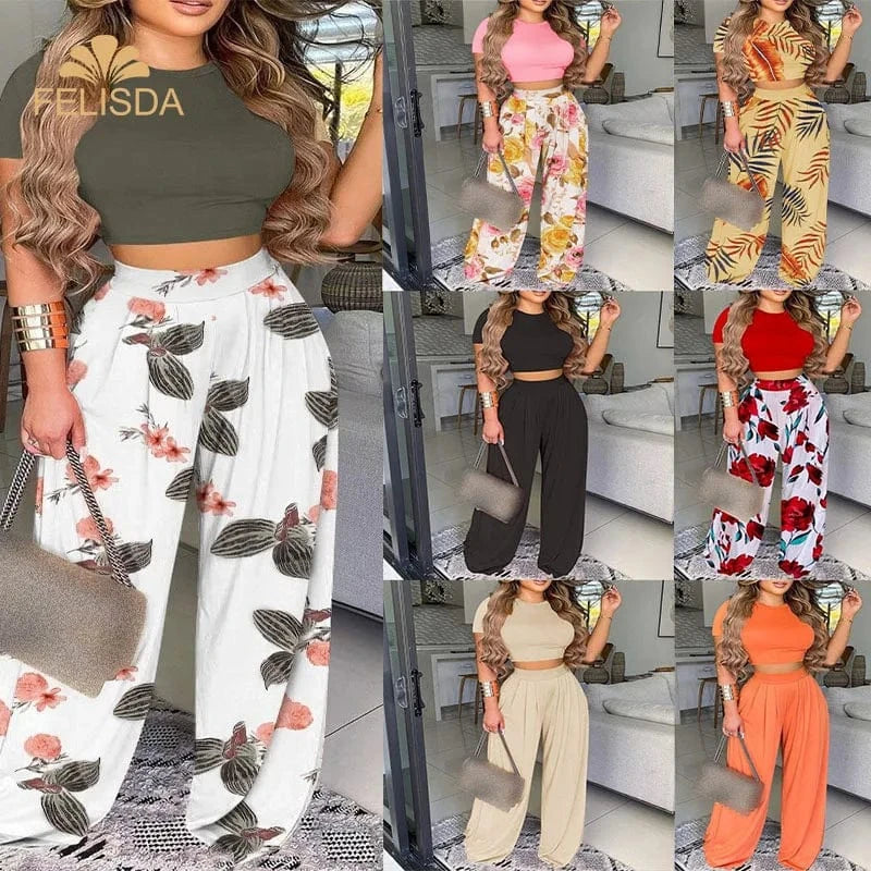 Summer Women Two Piece Sets Elegant Print Office Lady Outfits Elegant Short Sleeve Shirt Wide Leg Pants Suits 2 Piece Set