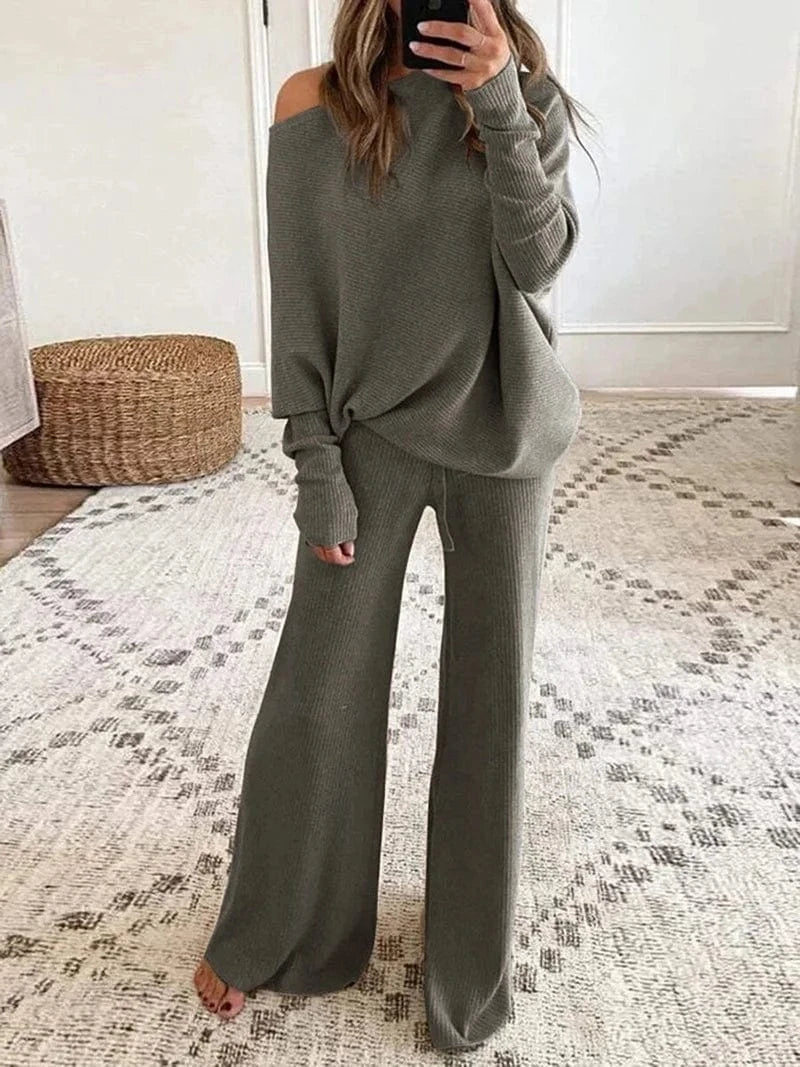 Sweater Set Women Casual Tracksuit Spring Autumn Knitted Suits 2 Piece Set Warm Long Sleeve Sweater Pullovers Wide Legs Pants