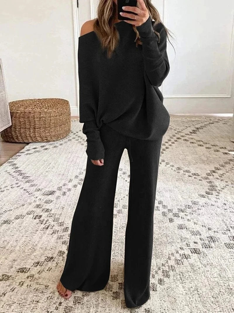 Sweater Set Women Casual Tracksuit Spring Autumn Knitted Suits 2 Piece Set Warm Long Sleeve Sweater Pullovers Wide Legs Pants