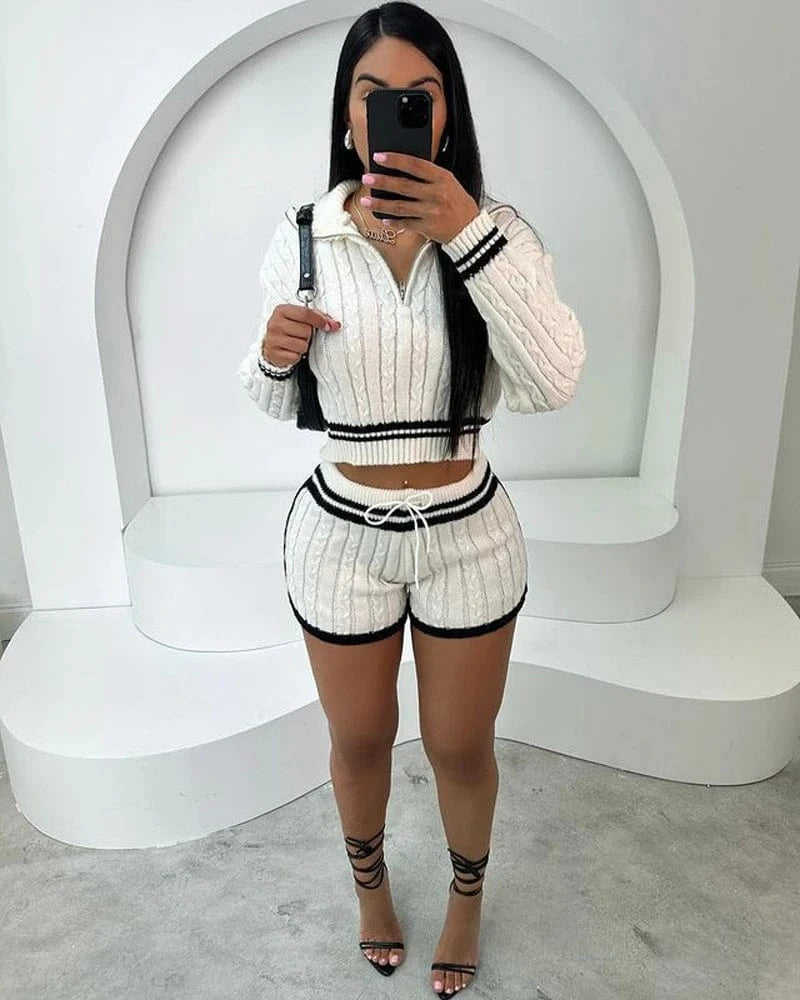 Sweater Vendors Fall Winter 2024 Women Clothing Sweater Outfit 2 Piece Set Trendy Two Piece Cozy Knit Sweater Top and Shorts Set