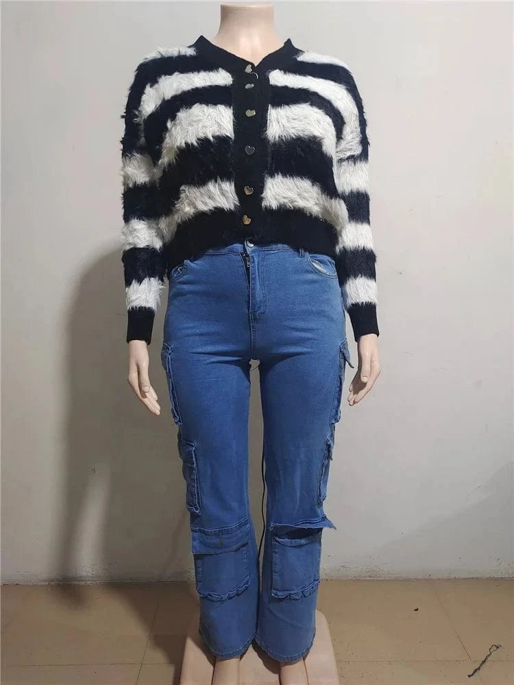 Sweater Women Fashion Woman Cardigan 2024 Cropped Tops Autumn Striped Sweater Faux Fur Knit Coat