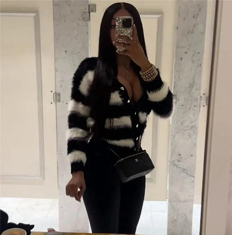 Sweater Women Fashion Woman Cardigan 2024 Cropped Tops Autumn Striped Sweater Faux Fur Knit Coat