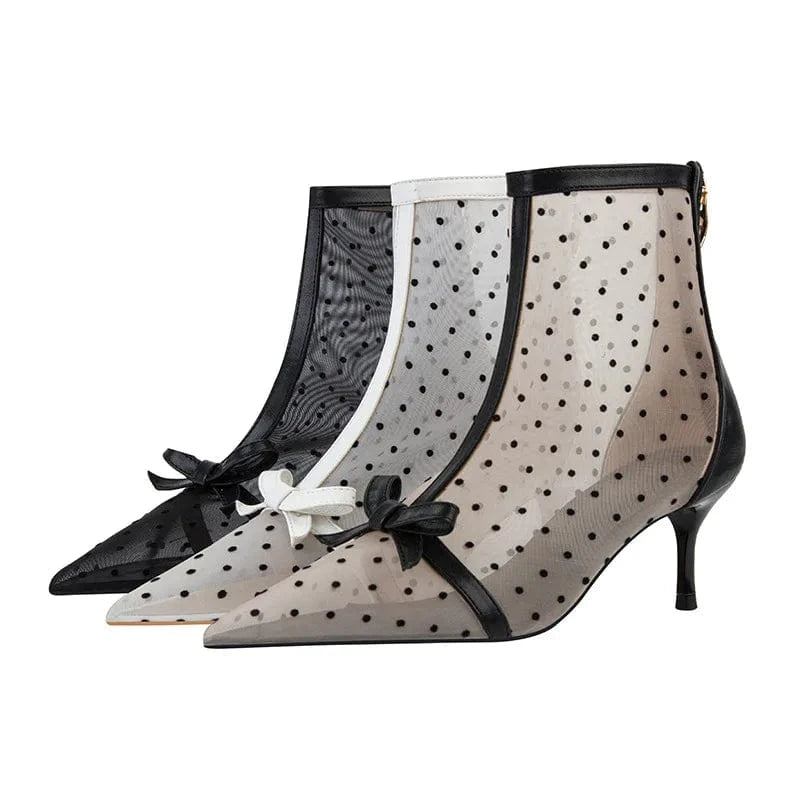 Sweet and thin perspective polka dot mesh hollow high-heeled shoes women's sandals stiletto high-heeled pointed ankle boots