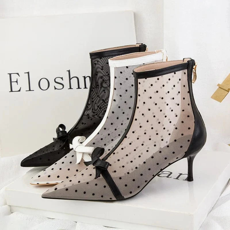 Sweet and thin perspective polka dot mesh hollow high-heeled shoes women's sandals stiletto high-heeled pointed ankle boots