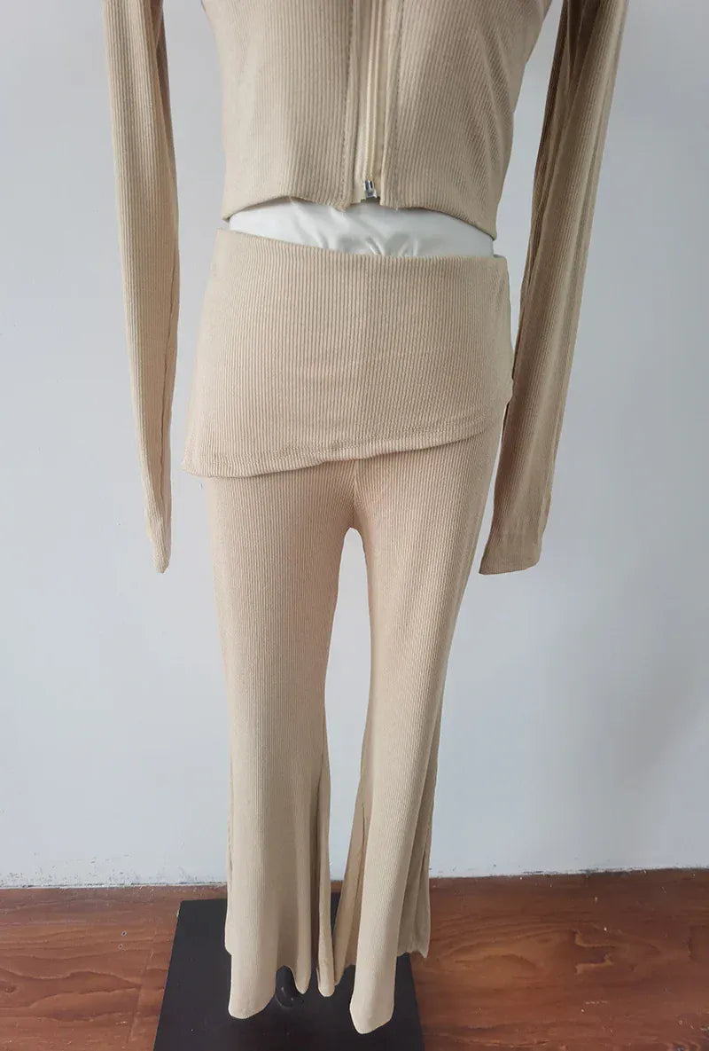 Sweet Hot Girl Pure Sexy Suit Women's Autumn Hooded Long-sleeved Slim Knitted Cardigan High Waist Flared Trousers Two-piece Set